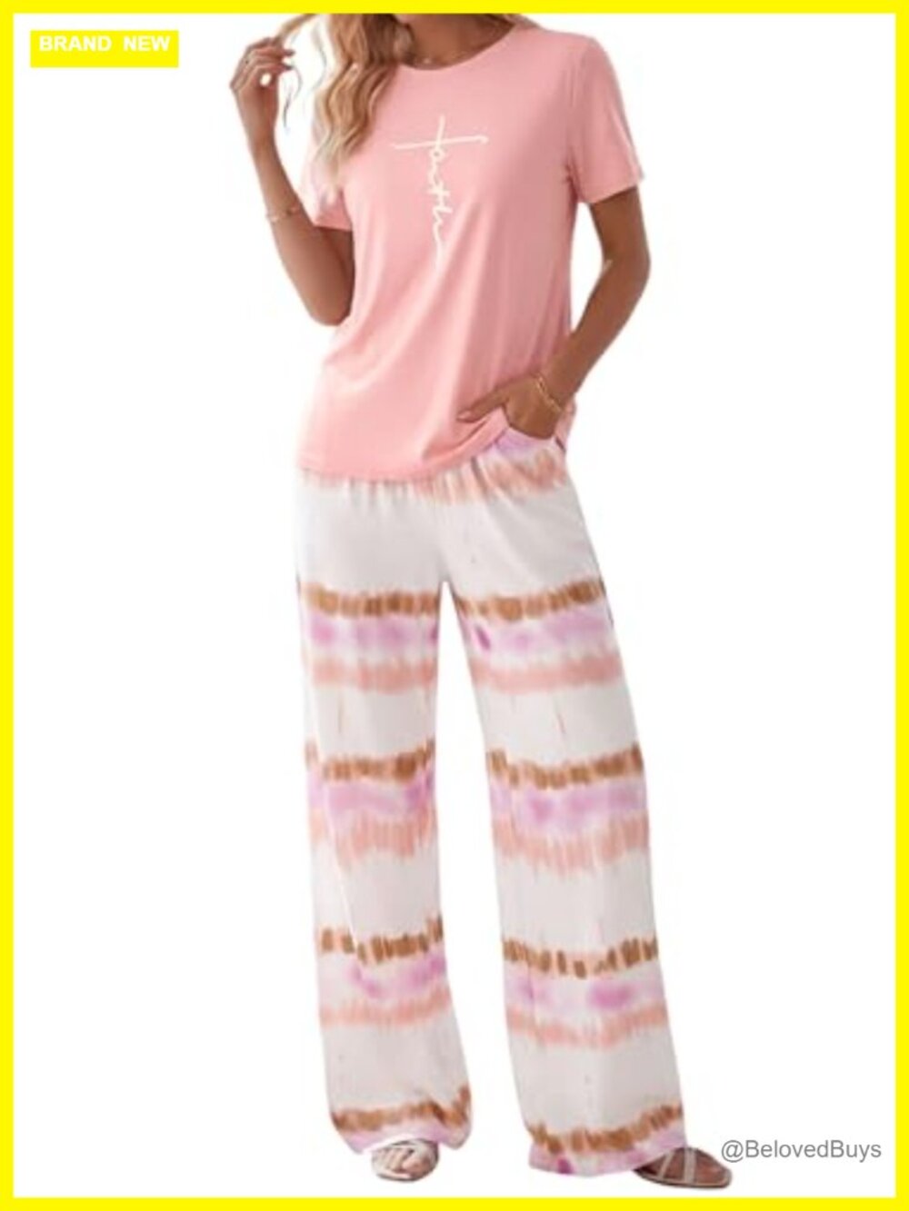 Women's 2 Piece Pajama Lounge Set Crewneck Tee Palazzo Pants Sleepwear